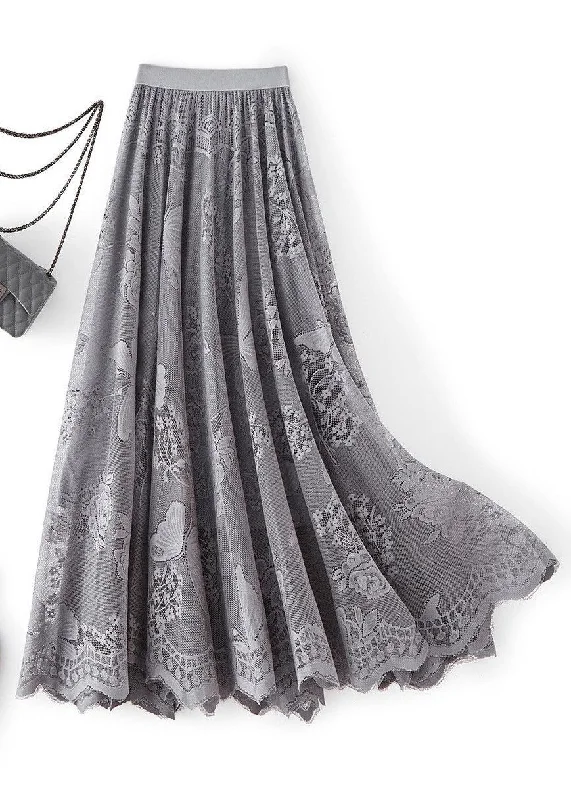 Simple Style Simple Style Loose Grey Hollow Out Elastic Waist Lace Skirt Spring
