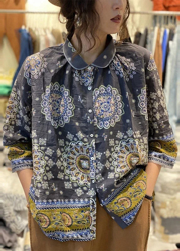 Personalized Graphic Design Personalized Graphic Design Plus Size Peter Pan Collar Print Button Linen Shirt Tops Long sleeve