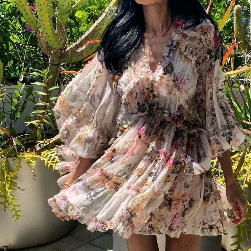 Romantic Dinner Romantic Dinner Puff Sleeves V-neck Summer Holiday Dresses