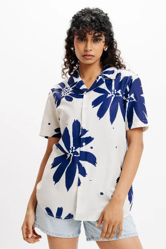 Simple Casual Wear Simple Casual Wear White Floral Print Linen Shirt