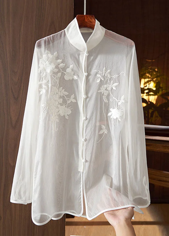 Personalized Printing Design Personalized Printing Design Chinese Style White Embroideried Button Patchwork Tulle Shirt Tops Long Sleeve Personalized Printing Design Personalized Printing Design Chinese Style White Embroideried Button Patchwork Tulle Shirt Tops Long Sleeve