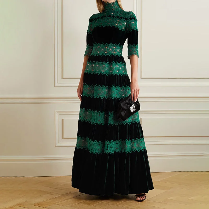 Casual Summer Style Casual Summer Style Vintage High Neck Designed Lace Long Dresses