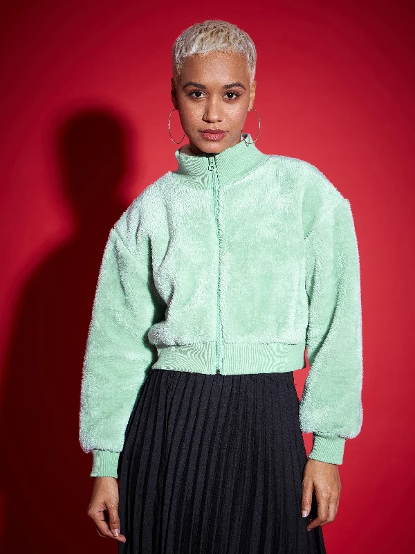 Personalized Layout Personalized Layout Women Green Fur High Neck Crop Bomber Jacket Personalized Layout Personalized Layout Women Green Fur High Neck Crop Bomber Jacket