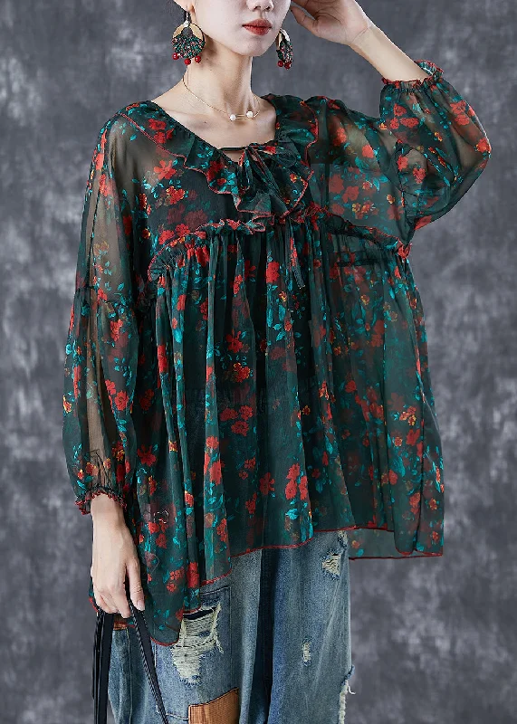 Personalized Creativity Personalized Creativity Bohemian Blackish Green Ruffled Print Chiffon Blouses Summer Personalized Creativity Personalized Creativity Bohemian Blackish Green Ruffled Print Chiffon Blouses Summer