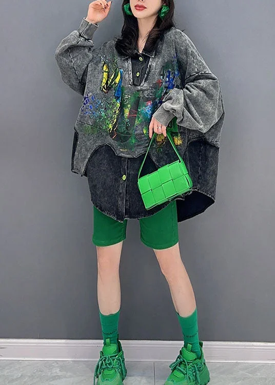 Simple Casual Feeling Simple Casual Feeling Black Patchwork Denim Top Peter Pan Collar False Two Pieces Long Sleeve Simple Casual Feeling Simple Casual Feeling Black Patchwork Denim Top Peter Pan Collar False Two Pieces Long Sleeve