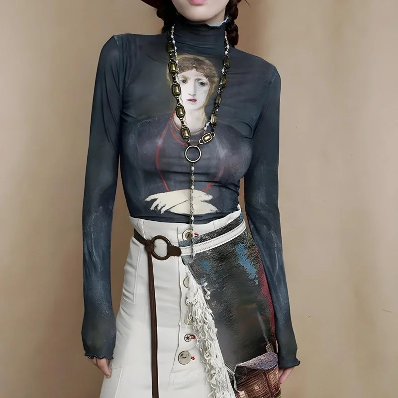 Personalized Three-Dimensional Design Personalized Three-Dimensional Design Goth Dark Female Figure Mesh Top Personalized Three-Dimensional Design Personalized Three-Dimensional Design Goth Dark Female Figure Mesh Top