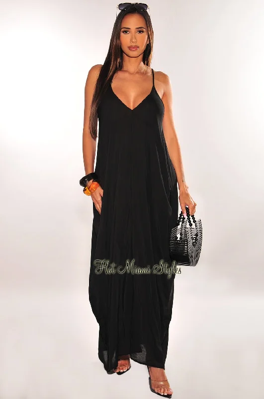 Elegant Feminine Style Elegant Feminine Style Black Spaghetti Straps V Neck Cover Up Maxi Dress