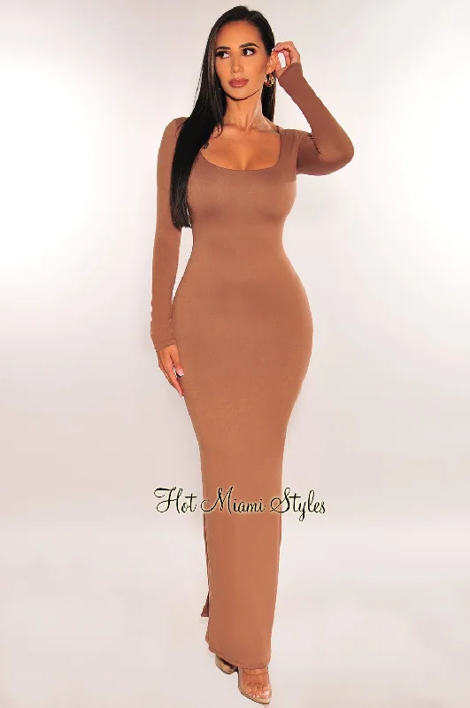 Elegant Temperament Elegant Temperament Toffee Round Neck Long Sleeve Maxi Dress