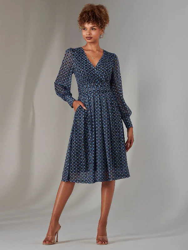Simple Versatile Style Simple Versatile Style Long Sleeve Lace Print Midi Dress, Navy Geo Simple Versatile Style Simple Versatile Style Long Sleeve Lace Print Midi Dress, Navy Geo