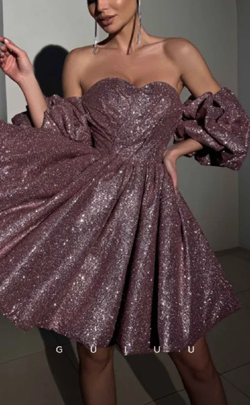 Casual Cartoon Style Casual Cartoon Style GH571 - Fashion Sparkly Strapless Ball Gown Open Back Puff Sleeves Gown Homecoming Dress Casual Cartoon Style Casual Cartoon Style GH571 - Fashion Sparkly Strapless Ball Gown Open Back Puff Sleeves Gown Homecoming Dress