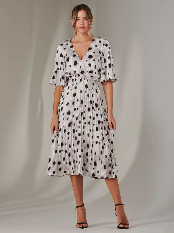 Elegant And Sweet Style Elegant And Sweet Style Pleated Wrap Midi Dress, White Polka Dot Elegant And Sweet Style Elegant And Sweet Style Pleated Wrap Midi Dress, White Polka Dot