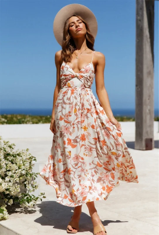 Casual Basic Style Casual Basic Style Uzma Floral Smocked Tie Maxi Dress - Coral Pink Casual Basic Style Casual Basic Style Uzma Floral Smocked Tie Maxi Dress - Coral Pink