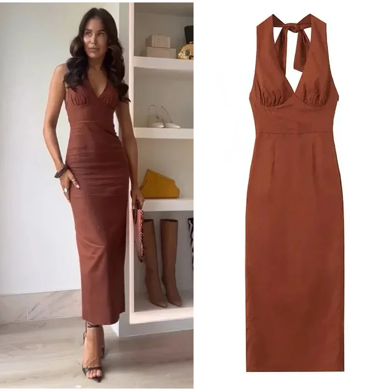 Effortless Vintage Look Effortless Vintage Look Harry Bodycon Midi Dress in Brown