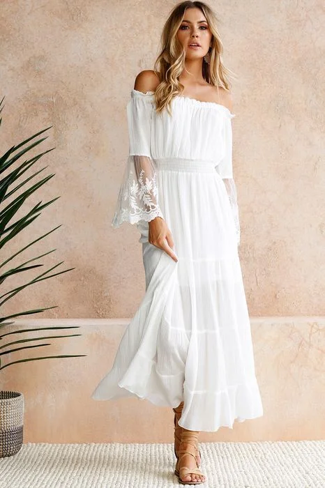 Romantic Off-Shoulder Style Romantic Off-Shoulder Style Allison Crochet Off The Shoulder Maxi Dress - Ivory Romantic Off-Shoulder Style Romantic Off-Shoulder Style Allison Crochet Off The Shoulder Maxi Dress - Ivory