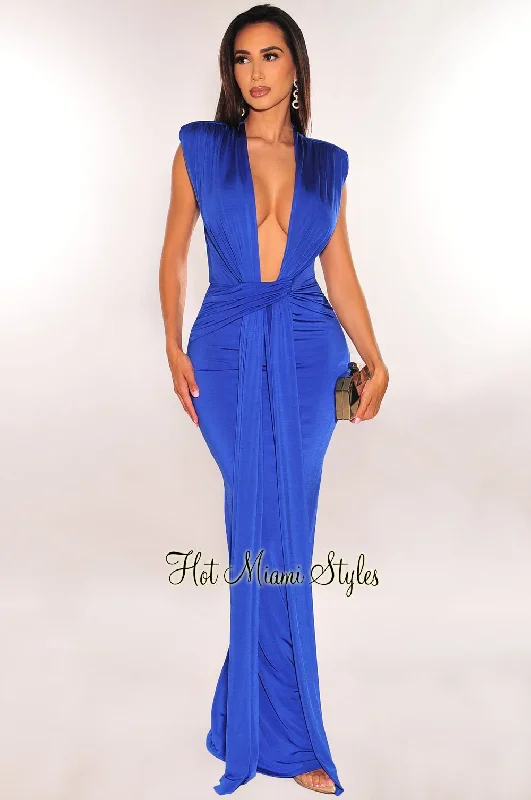 Casual Simple Style Casual Simple Style Royal Blue Silky Plunge Padded Shoulder Draped Maxi Dress Casual Simple Style Casual Simple Style Royal Blue Silky Plunge Padded Shoulder Draped Maxi Dress