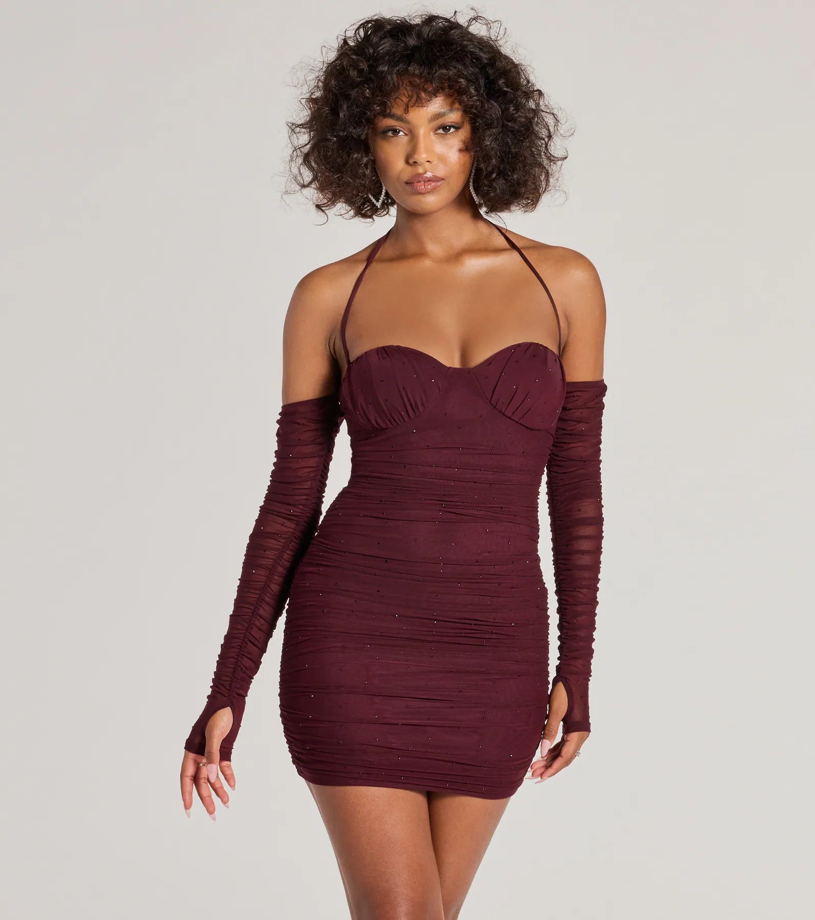 Soft Vintage Streetwear Soft Vintage Streetwear Glam Instinct Cold Shoulder Rhinestone Mini Dress