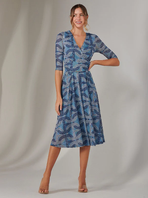 Personalized Contrast Design Personalized Contrast Design Mesh Wrap Midi Dress, Blue Pattern Personalized Contrast Design Personalized Contrast Design Mesh Wrap Midi Dress, Blue Pattern