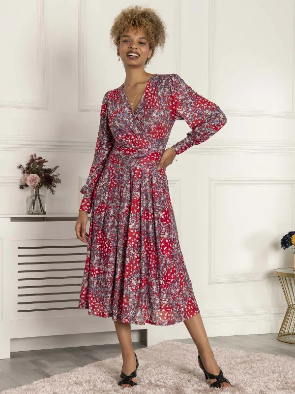 Simple Casual Feeling Simple Casual Feeling Vanessa Long Sleeve Mesh Midi Dress, Red Floral