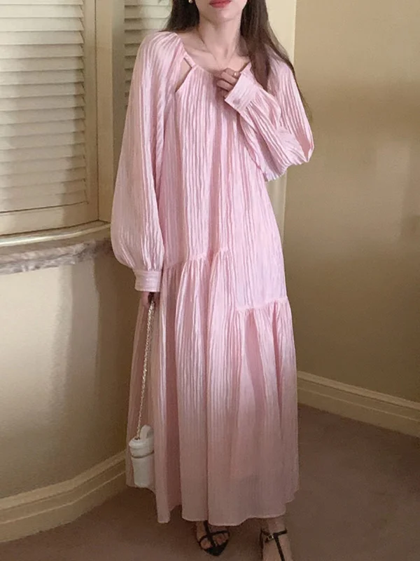 Soft Vintage Streetwear Soft Vintage Streetwear VibeMartini-Sweet Casual Hollow Out Puff Sleeves Long Dress