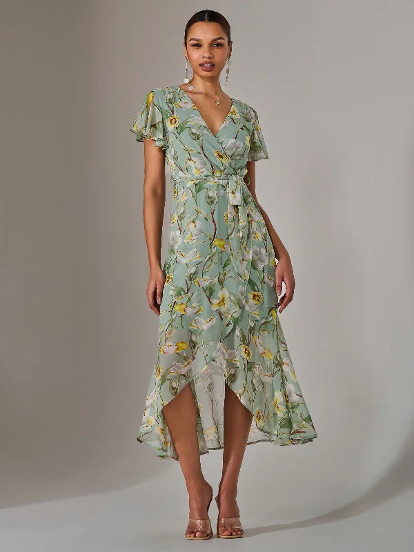 Trendy Clothing Trendy Clothing Chiffon Wrap Midi Dress, Teal Floral