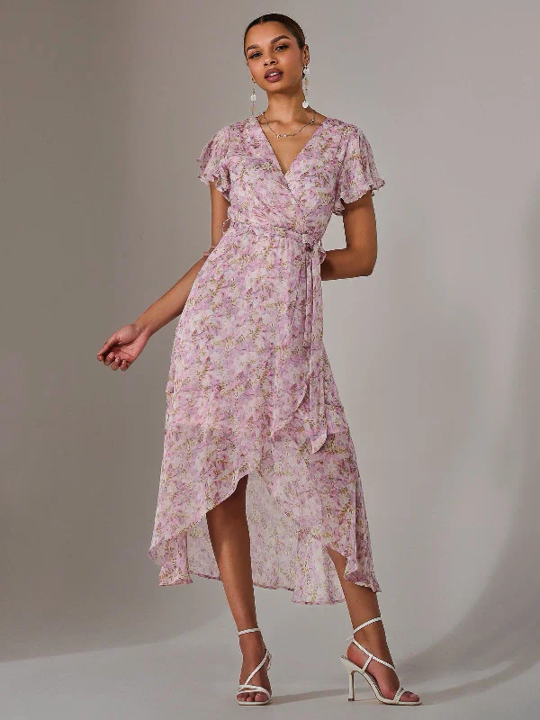Chic Street Look Trends Chic Street Look Trends Chiffon Wrap Midi Dress, Pink Floral Chic Street Look Trends Chic Street Look Trends Chiffon Wrap Midi Dress, Pink Floral