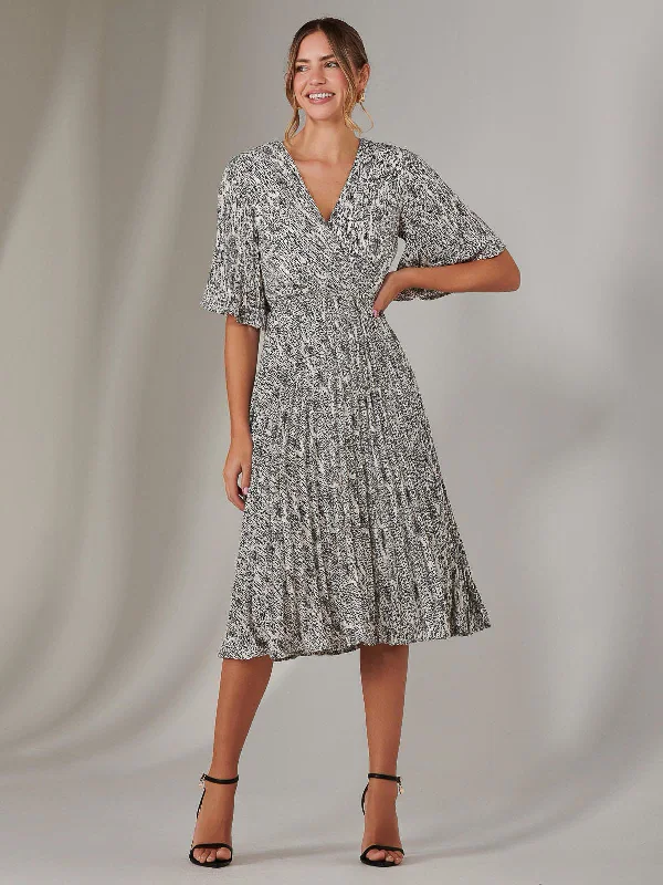 Elegant Feminine Style Elegant Feminine Style Pleated Wrap Midi Dress, Cream/Black