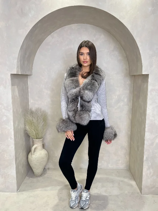 Elegant Slim Style Elegant Slim Style Grey/Two Tone Luxury Fur Cardigan