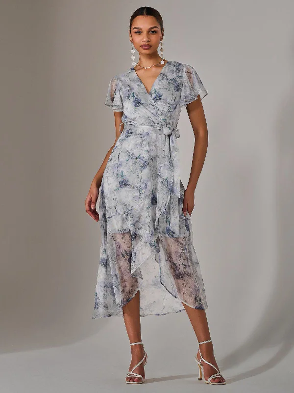 Rock Street Items Rock Street Items Chiffon Wrap Midi Dress, Blue Floral