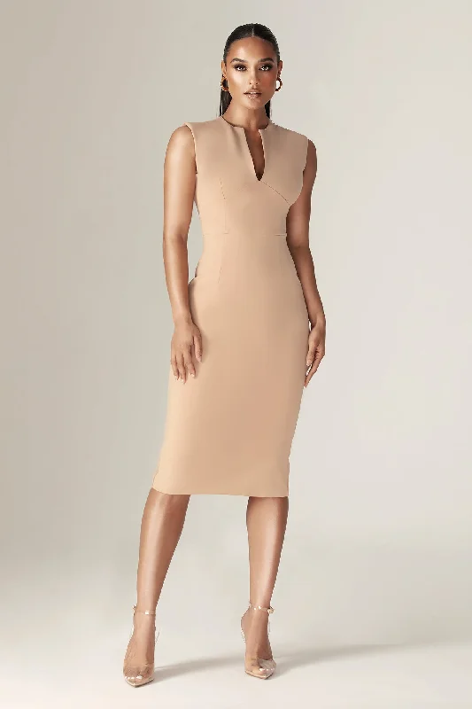Elegant And Intellectual Style Elegant And Intellectual Style Lianna Deep Slit Neckline Midi Dress (Khaki) Elegant And Intellectual Style Elegant And Intellectual Style Lianna Deep Slit Neckline Midi Dress (Khaki)
