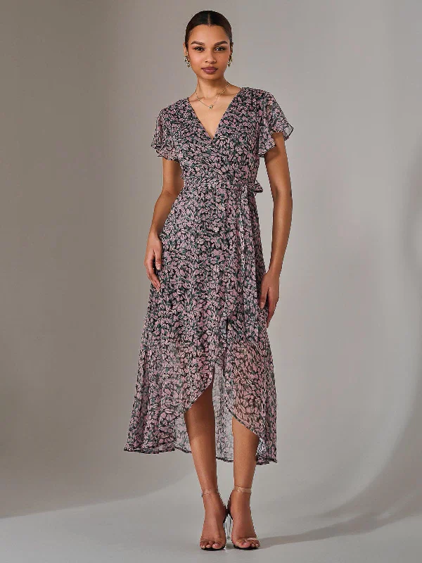Street Casual Chic Street Casual Chic Chiffon Wrap Midi Dress, Pink Pattern