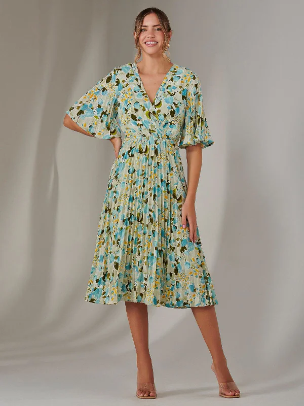 Casual Classic Design Casual Classic Design Pleated Wrap Midi Dress, Blue Floral