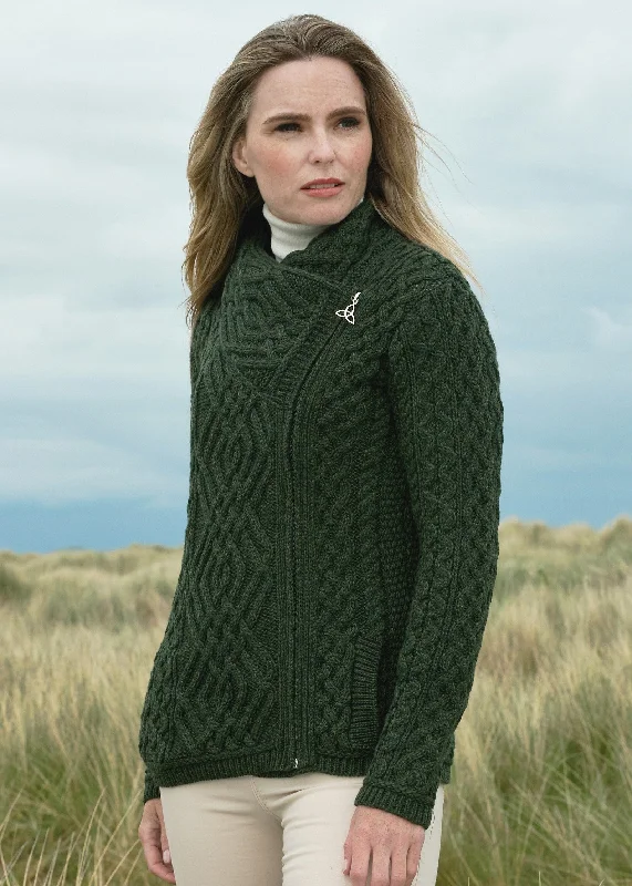 Personalized Three-Dimensional Design Personalized Three-Dimensional Design Aran Crafts Ladies Side Zip Cardigan | Green Personalized Three-Dimensional Design Personalized Three-Dimensional Design Aran Crafts Ladies Side Zip Cardigan | Green