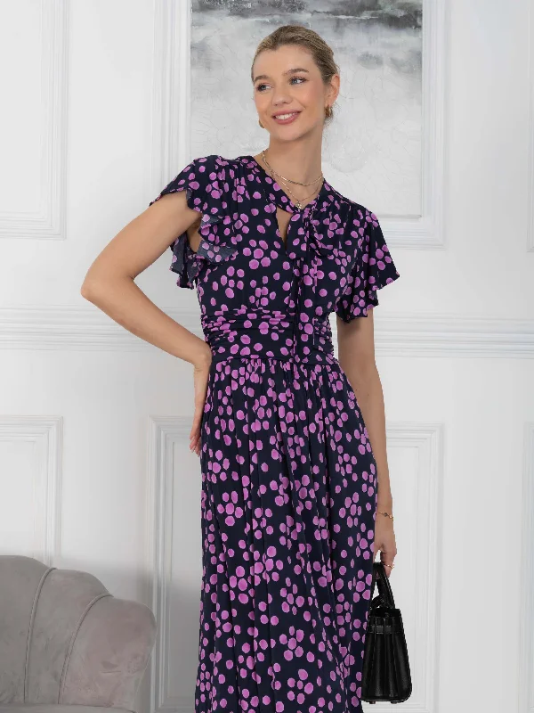 Simple Fashion Simple Fashion Beverly Tie Neck Midi Dress, Navy Spot