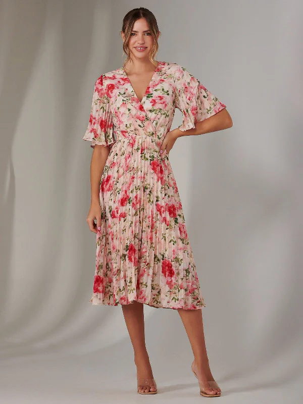 Casual Comfort Casual Comfort Pleated Wrap Midi Dress, Pink Floral