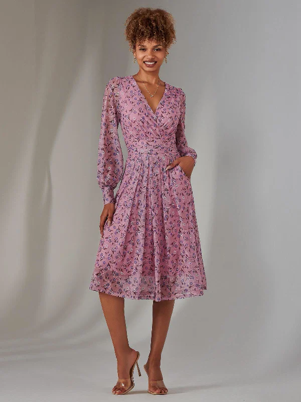 Simple Casual Wear Simple Casual Wear Long Sleeve Lace Print Midi Dress, Pink Floral Simple Casual Wear Simple Casual Wear Long Sleeve Lace Print Midi Dress, Pink Floral