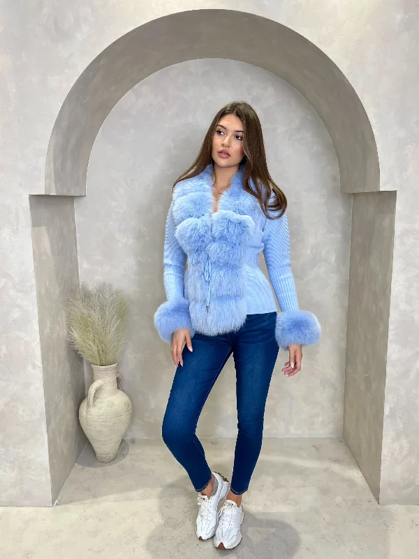 Elegant Lapel Style Elegant Lapel Style Baby Blue Luxury Fur Cardigan