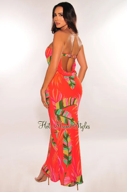 Casual Denim Style Casual Denim Style Red Tropical Palm Print Strapless Cut Out Back Maxi Dress Casual Denim Style Casual Denim Style Red Tropical Palm Print Strapless Cut Out Back Maxi Dress
