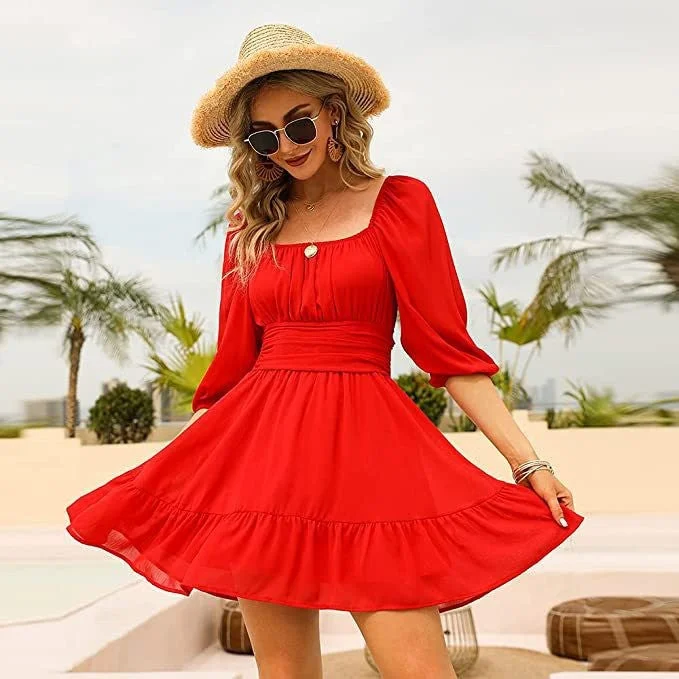 Simple Casual Feeling Simple Casual Feeling Blythe Gathered Puff Sleeve Dress - Red