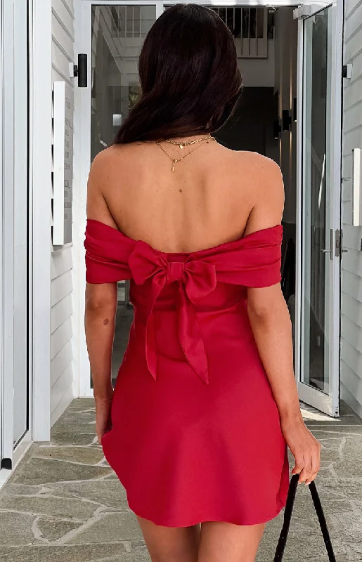 Simple Casual Wear Simple Casual Wear Primrose Red Satin Off the Shoulder Mini Dress Simple Casual Wear Simple Casual Wear Primrose Red Satin Off the Shoulder Mini Dress