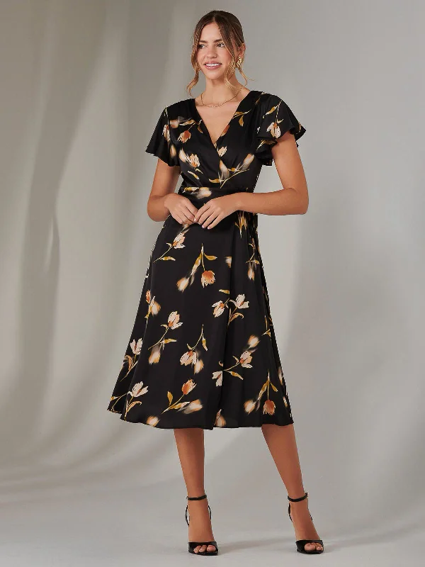 Casual Print Design Casual Print Design Wrap Front Midi Dress, Black Floral