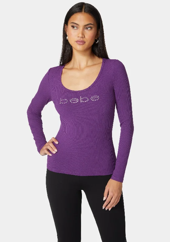 Elegant High Waist Style Elegant High Waist Style Bebe Logo Long Sleeve Scoop Neck Single Stone Rib Top Elegant High Waist Style Elegant High Waist Style Bebe Logo Long Sleeve Scoop Neck Single Stone Rib Top