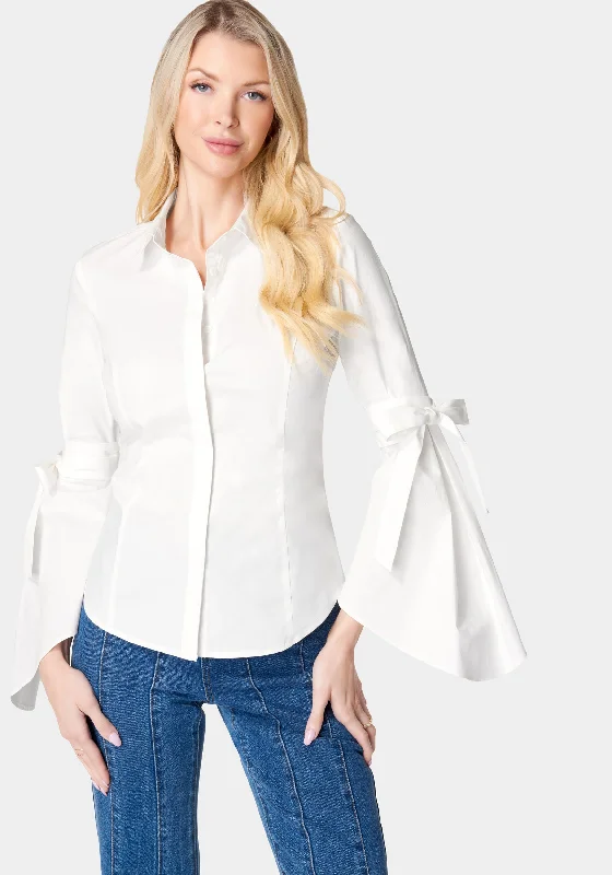 Casual Fit Style Casual Fit Style Button Down Bell Sleeve Poplin Blouse