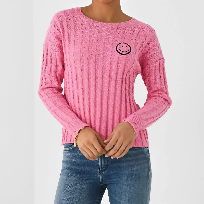 Simple And Generous Style Simple And Generous Style Cable Varsity Smiley Crew Sweater In Malibu/navy Simple And Generous Style Simple And Generous Style Cable Varsity Smiley Crew Sweater In Malibu/navy