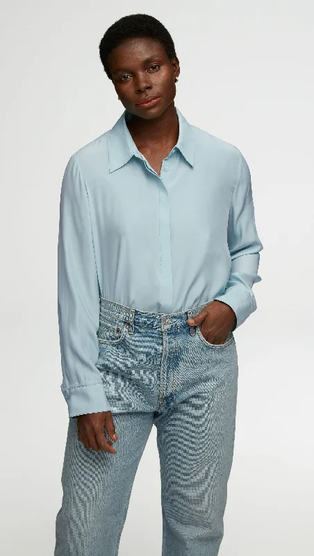 Rock Short Design Rock Short Design Collared Shirt in Matte-side Silk Charmeuse | Seafoam Blue Rock Short Design Rock Short Design Collared Shirt in Matte-side Silk Charmeuse | Seafoam Blue