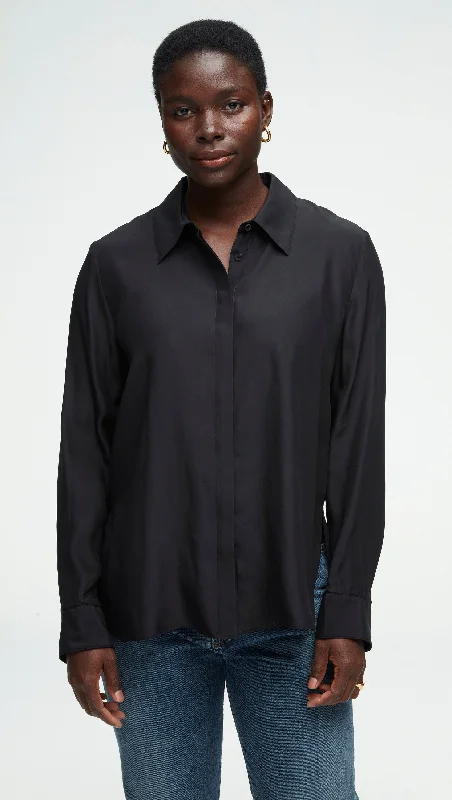 Casual Classic Design Casual Classic Design Collared Shirt in Matte-side Silk Satin | Black Casual Classic Design Casual Classic Design Collared Shirt in Matte-side Silk Satin | Black