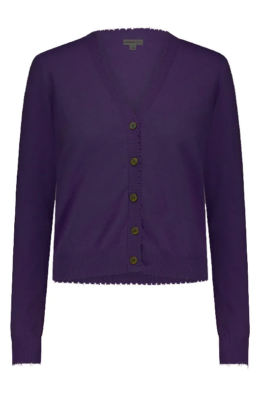 Personalized Contrast Design Personalized Contrast Design Fine Cotton Cashmere Frayed Edge Cardigan In Loganberry Personalized Contrast Design Personalized Contrast Design Fine Cotton Cashmere Frayed Edge Cardigan In Loganberry