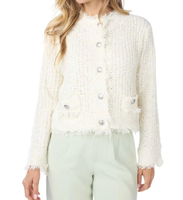 Casual Fit Style Casual Fit Style Fuzzy Tweed Cardigan In Off White
