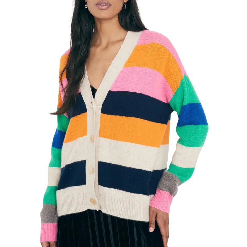 Casual Relaxed Chic Casual Relaxed Chic Multi Stripe Boyfriend Cardigan In Buff