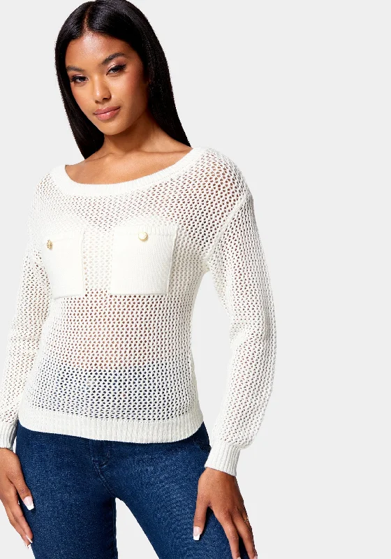 Elegant And Unique Charm Elegant And Unique Charm Open Knit Pocket Detail Sweater