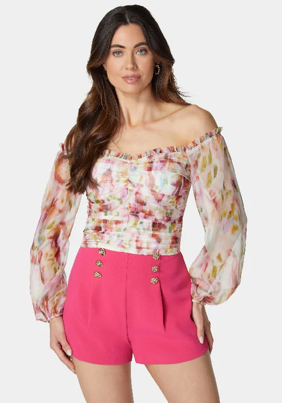 Rock Short Design Rock Short Design Printed Chiffon Cold Shoulder Ruched Top